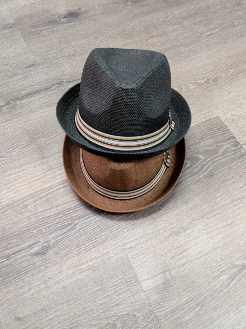 2 Pcs Men's Black Brown Fedora Hat with Striped Band